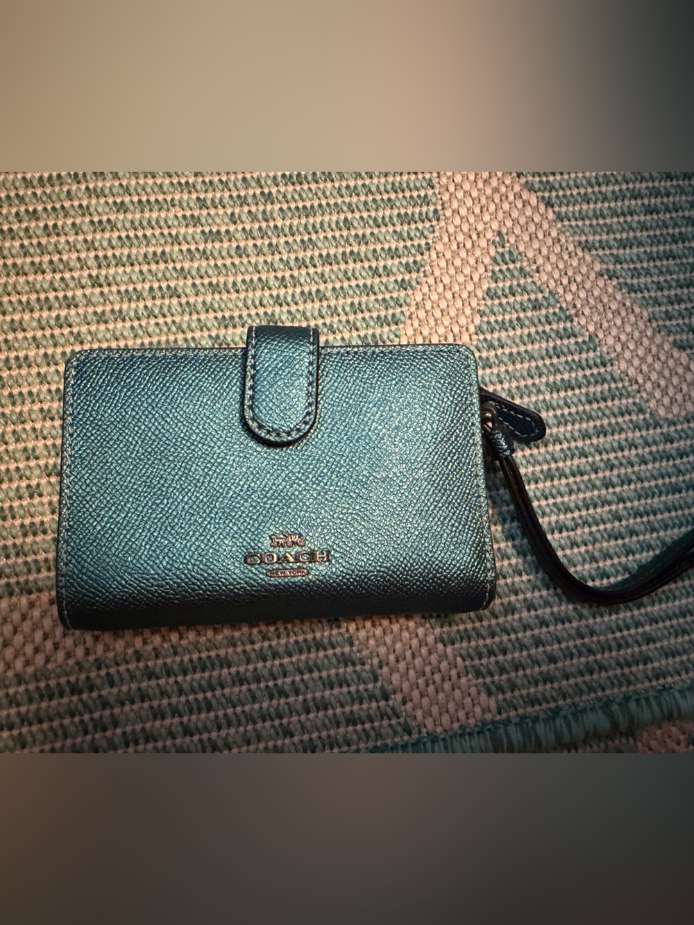 Coach Teal Saffiano Leather Wristlet Wallet with Strap